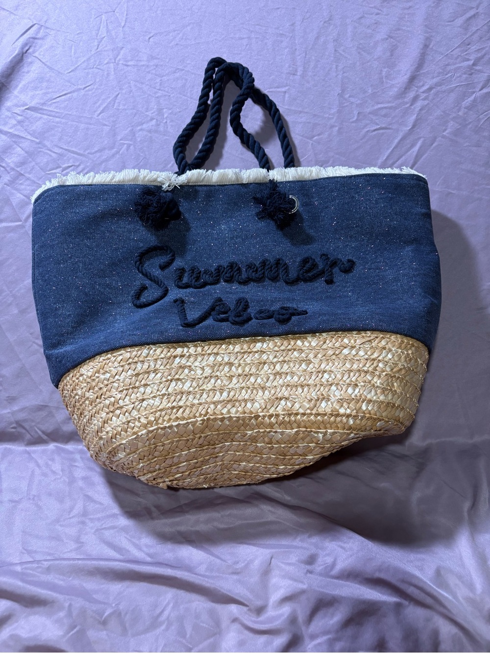 Freestyle Navy and Natural Straw Beach Tote